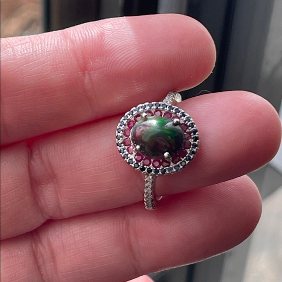 Black Opal, Ruby & Sapphire Ring in 925 Sterling Silver Size 6 CZ Accent - Picture 7 of 10